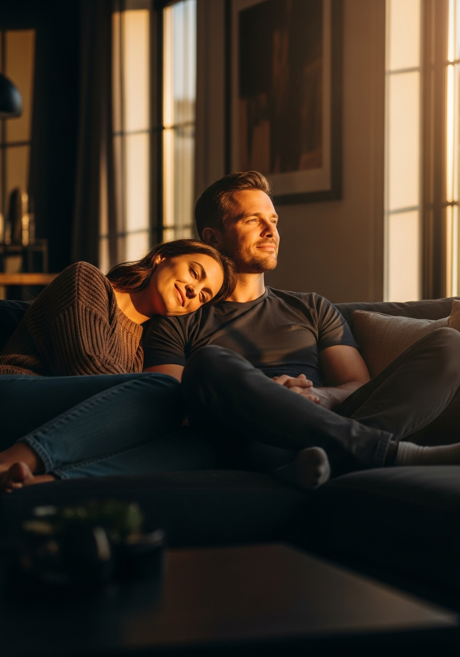 A relaxed couple at home enjoying peace of mind